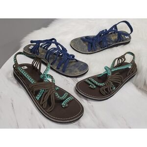 2 NEW SIZE 8 PLAKA Palm Leaf Flat Woven Sandals BLUE Strappy BOHO Surfer Beach